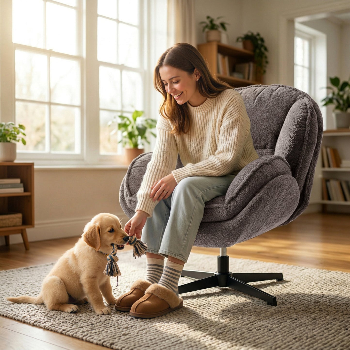 Modern Wingback Accent Chair, Velvet Armchair with Four-Star Base, S-Springs, Swivel, Grey