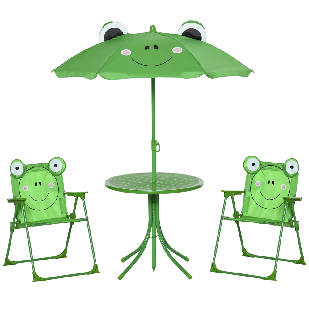 Kids Folding Picnic Table and Chair Set Frog Pattern with Removable & Height Adjustable Sun Umbrella, Green