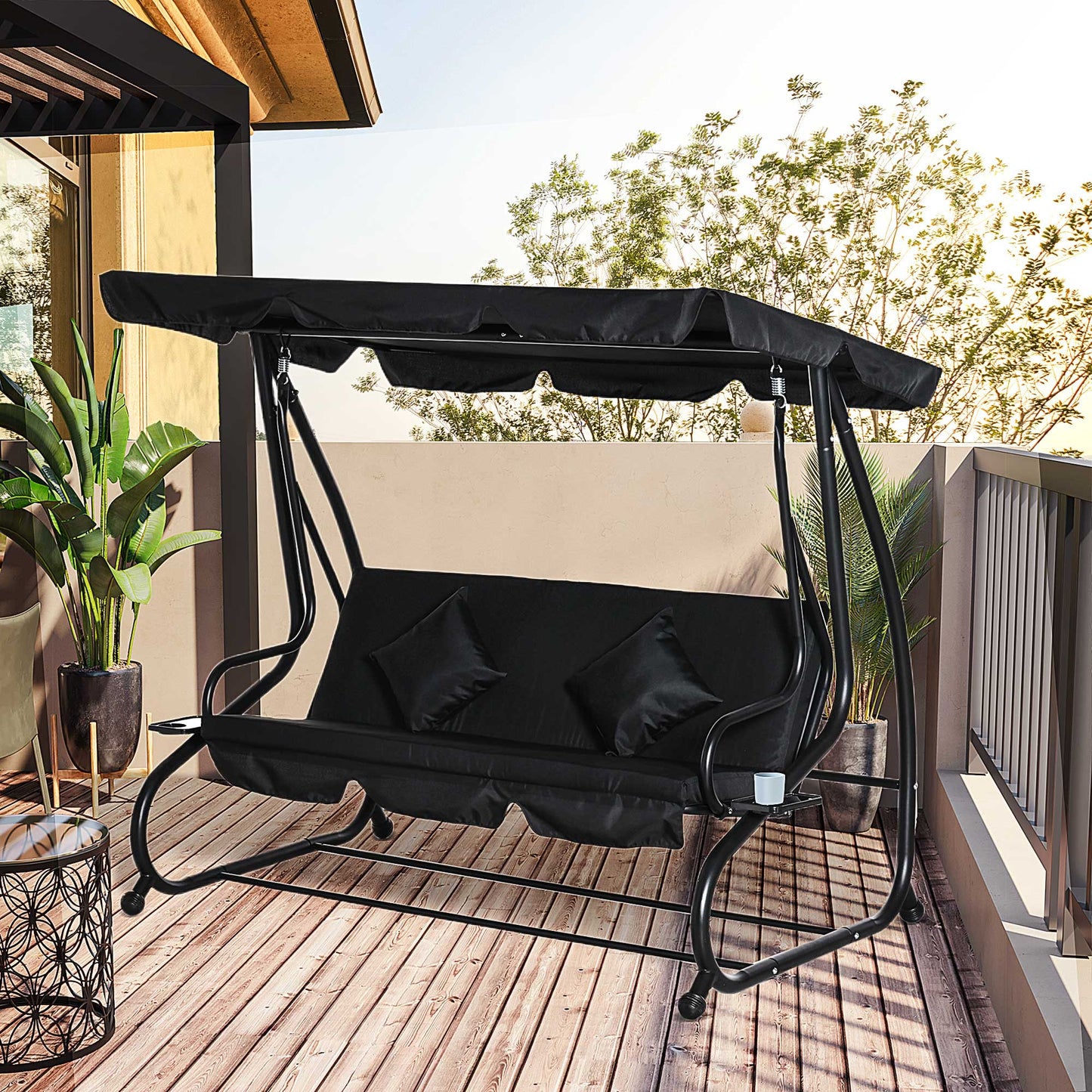 2-in-1 Garden Swing Chair for 3 Person w/ Adjustable Canopy Black