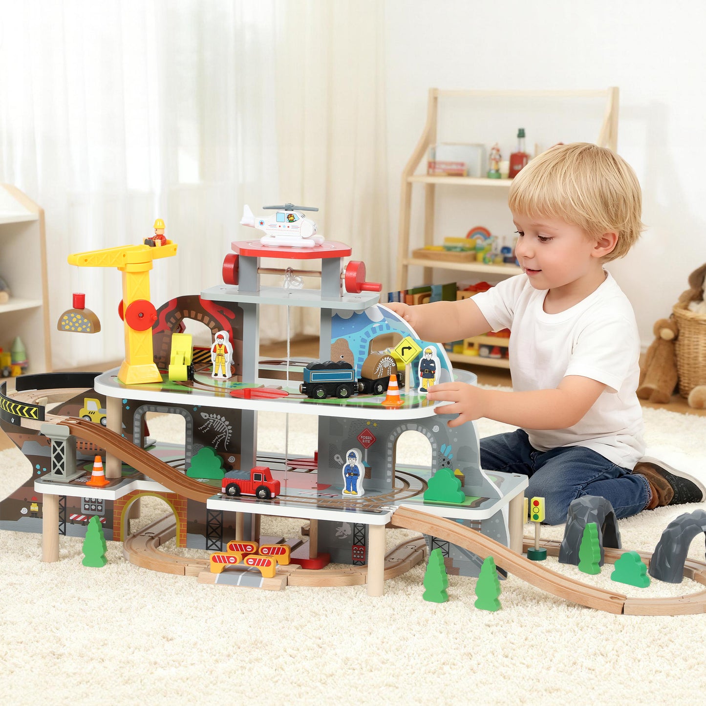 Wooden Train Set, 79 Piece Train Track Mine Themed for 3+ Years