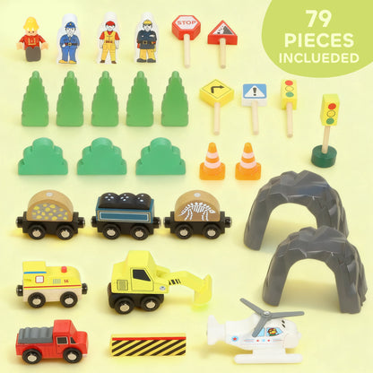 Wooden Train Set, 79 Piece Train Track Mine Themed for 3+ Years
