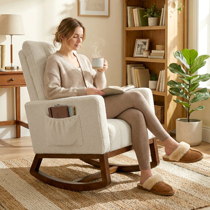 Rocking Chair for Adults, Lounge Rocker w/ Lumbar Pillow, Cream White