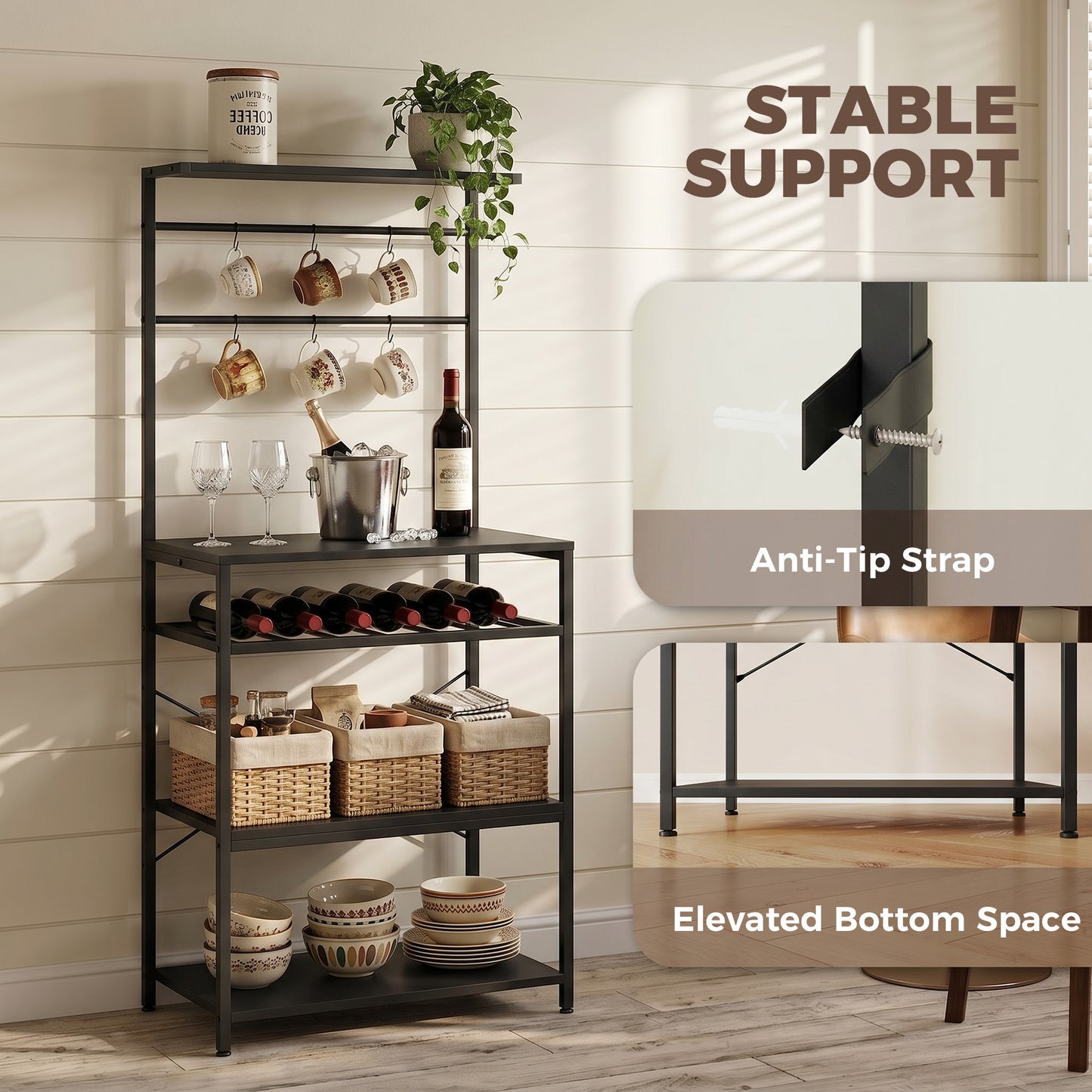 Freestanding Shelving Unit with 6 Hooks and Wine Rack, Black