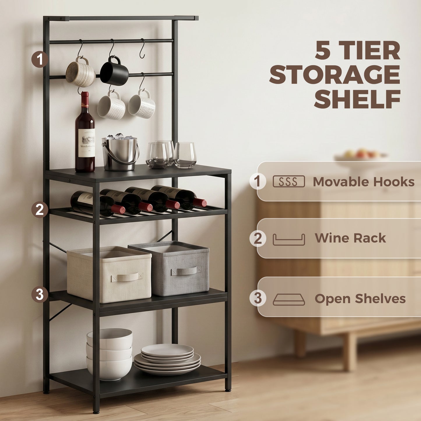 Freestanding Shelving Unit with 6 Hooks and Wine Rack, Black