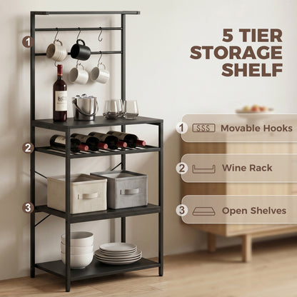 Freestanding Shelving Unit with 6 Hooks and Wine Rack, Black
