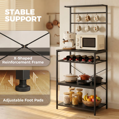 Freestanding Shelving Unit with 6 Hooks and Wine Rack, Black