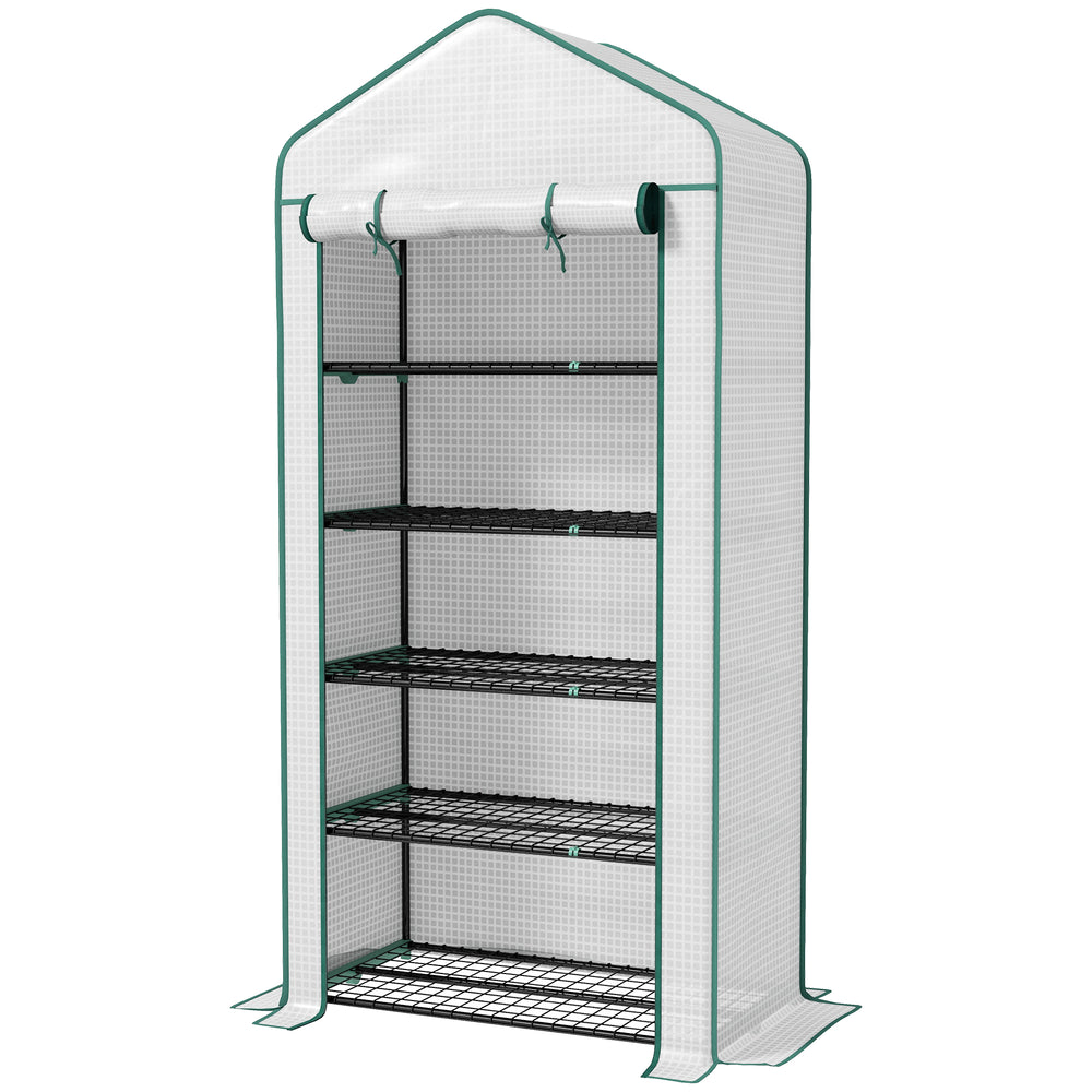 5 Tier Widened Mini Greenhouse w/ Reinforced PE Cover, Portable Green House w/ Roll-up Door & Wire Shelves, 193H x 90W x 49Dcm, White