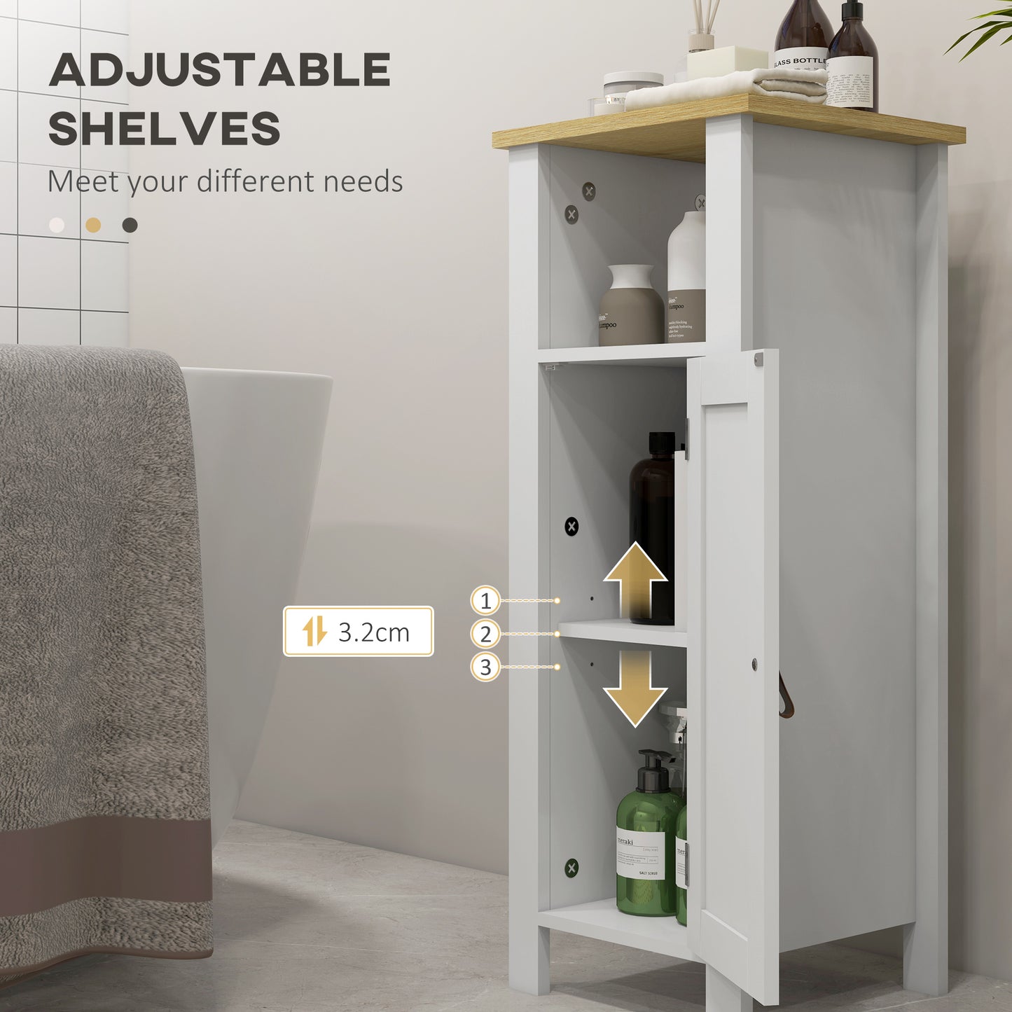 Slim Bathroom Storage Unit with Adjustable Shelf, White
