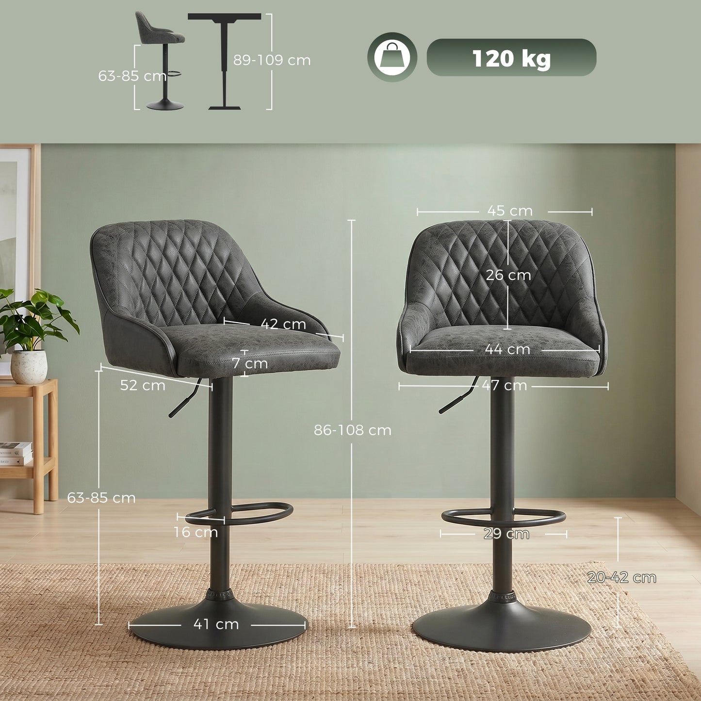 Breakfast Bar Stools Set of 2 with Wide Padded Seat, PU Leather Adjustable Swivel Bar Chairs, Modern Barstools with Footrest for Kitchen Island Counter, Home Bar, Dark Grey
