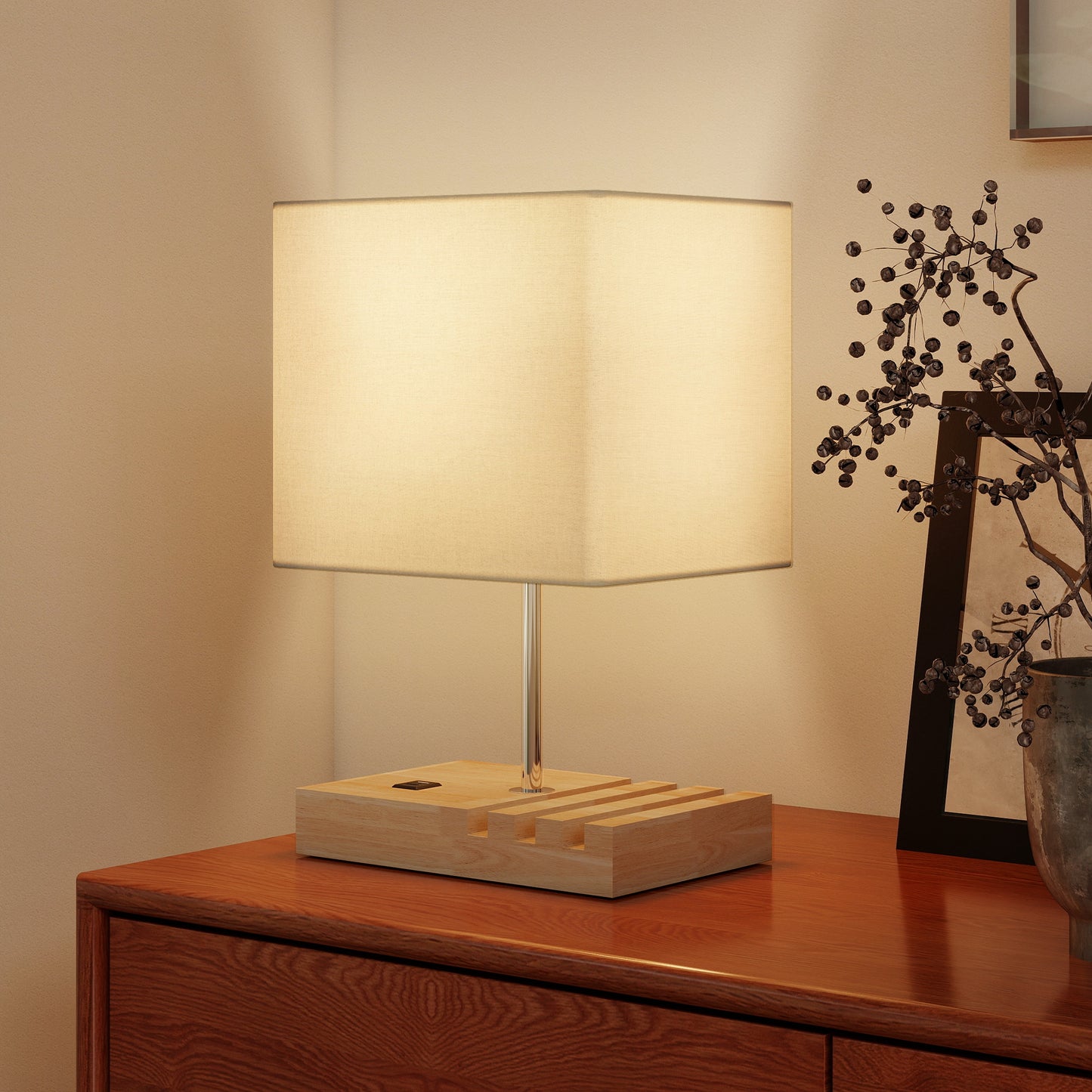 Table Lamp with 3 Slots, Bedside Lamp with Solid Wood Base, White