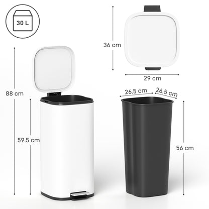 30L Kitchen Bin, Pedal Bin with Lid, Removable Inner Bucket, White