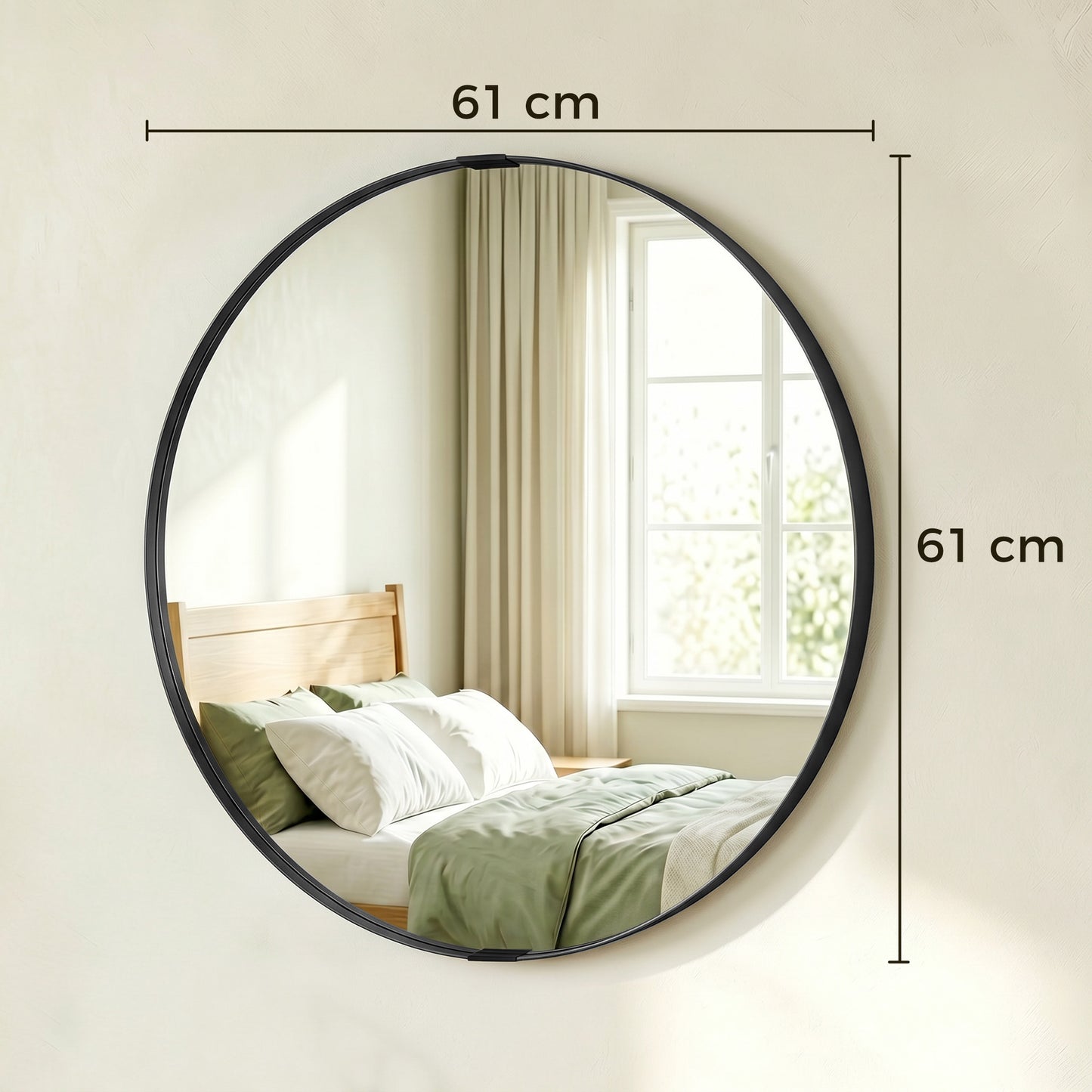 Round Wall Mirror 61 cm, Wall Mounted Bathroom Mirror with Tempered Safety Glass and Aluminium Alloy Frame for Living Room, Bedroom, Entryway, Home, Black