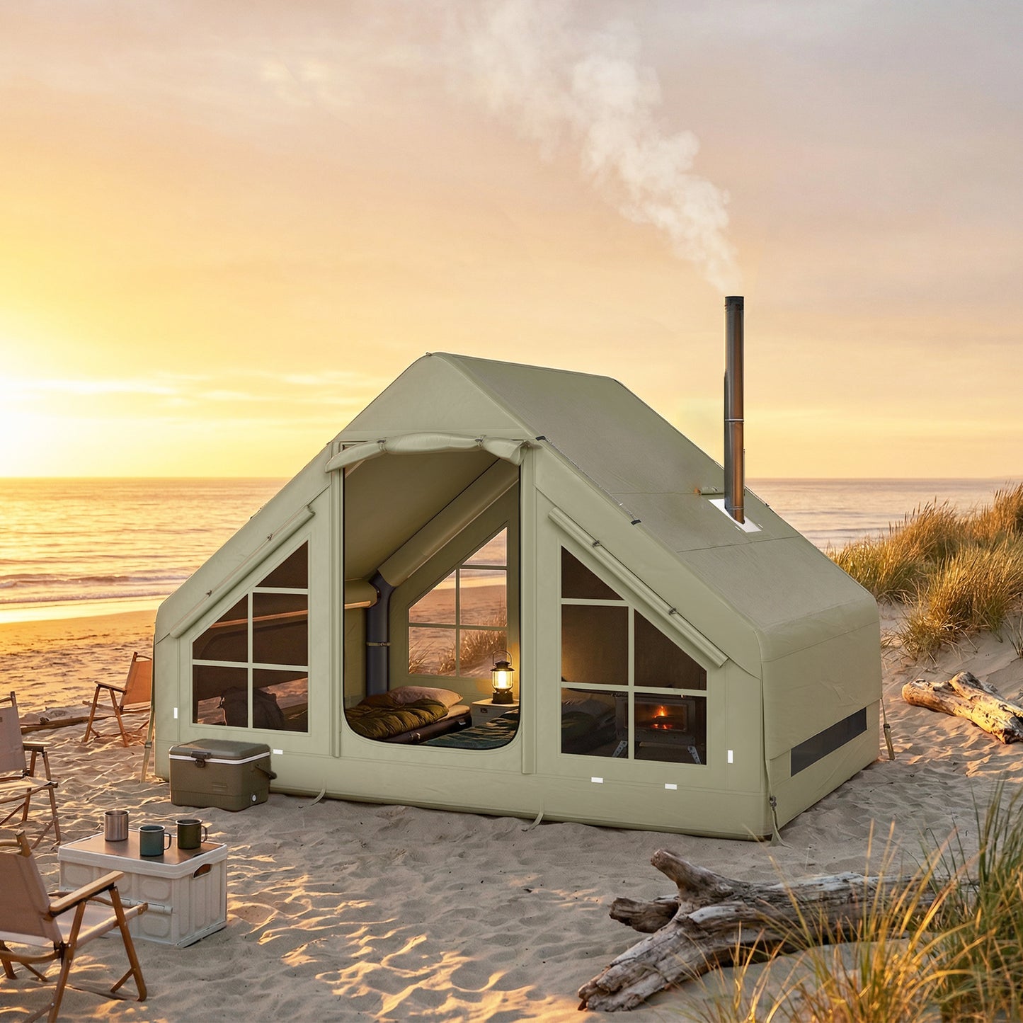 Inflatable Camping Tent with Pump, 2-4 Person Glamping Tent