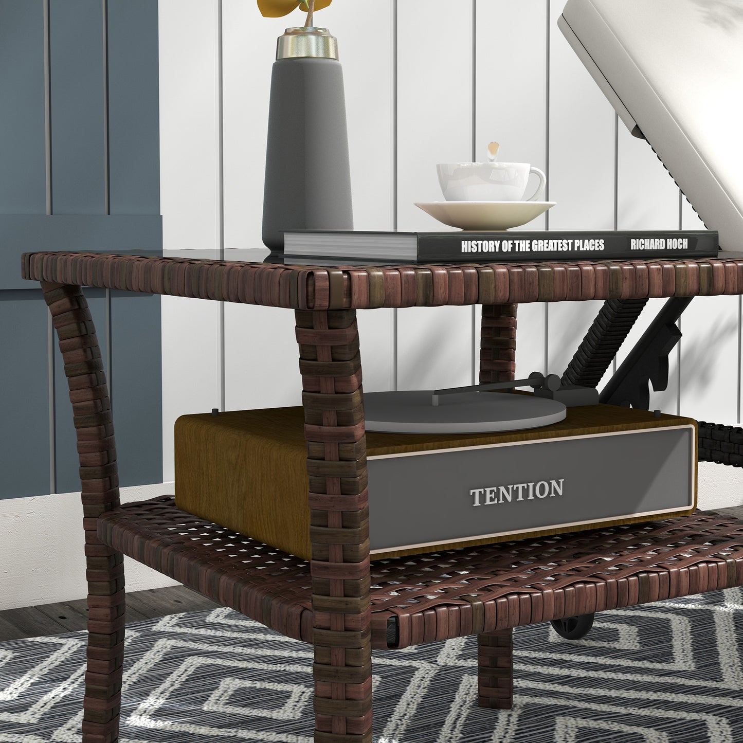 50cm Outdoor PE Rattan Coffee Table, Patio Wicker Two-tier Side Table with Glass Top, for Patio, Garden, Balcony, Brown