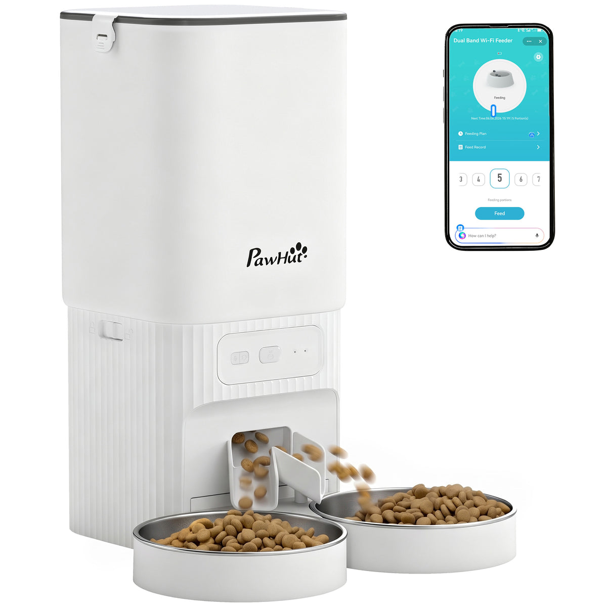 7L Automatic Cat Feeder with App Control, Timer and 2 Bowls - White