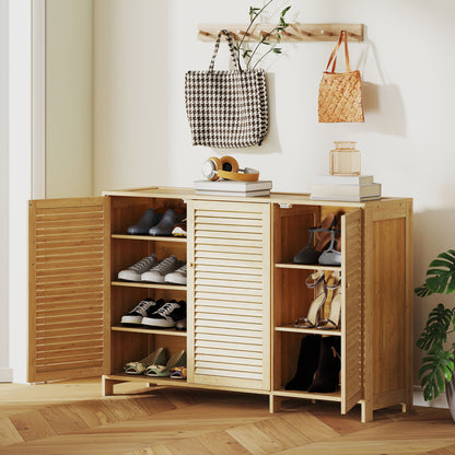 Bamboo Shoe Cabinet with Louvered Doors 18 Pairs Shoe Storage Cabinet