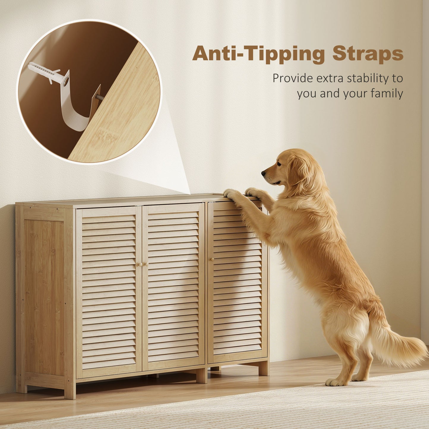 Bamboo Shoe Cabinet with Louvered Doors 18 Pairs Shoe Storage Cabinet