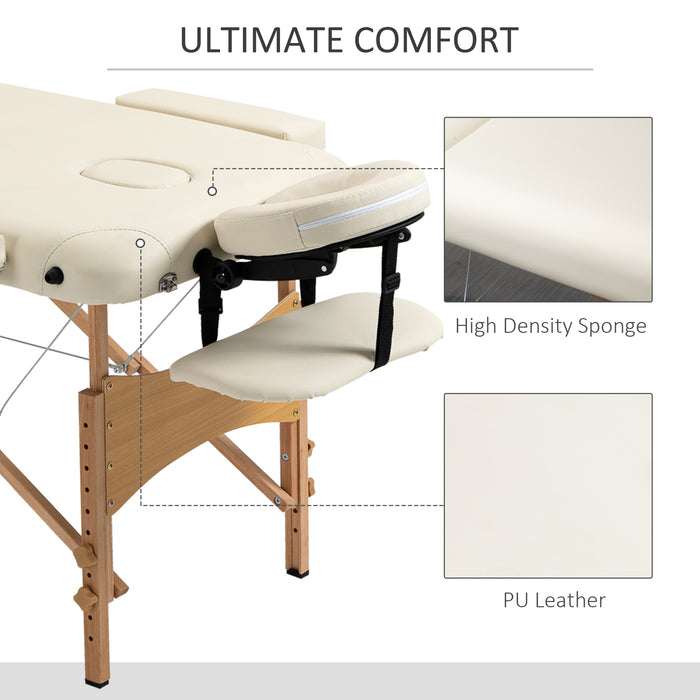 Portable Massage Bed, Folding Spa Beauty Massage Table with 2 Sections, Carry Bag and Wooden Frame, Cream