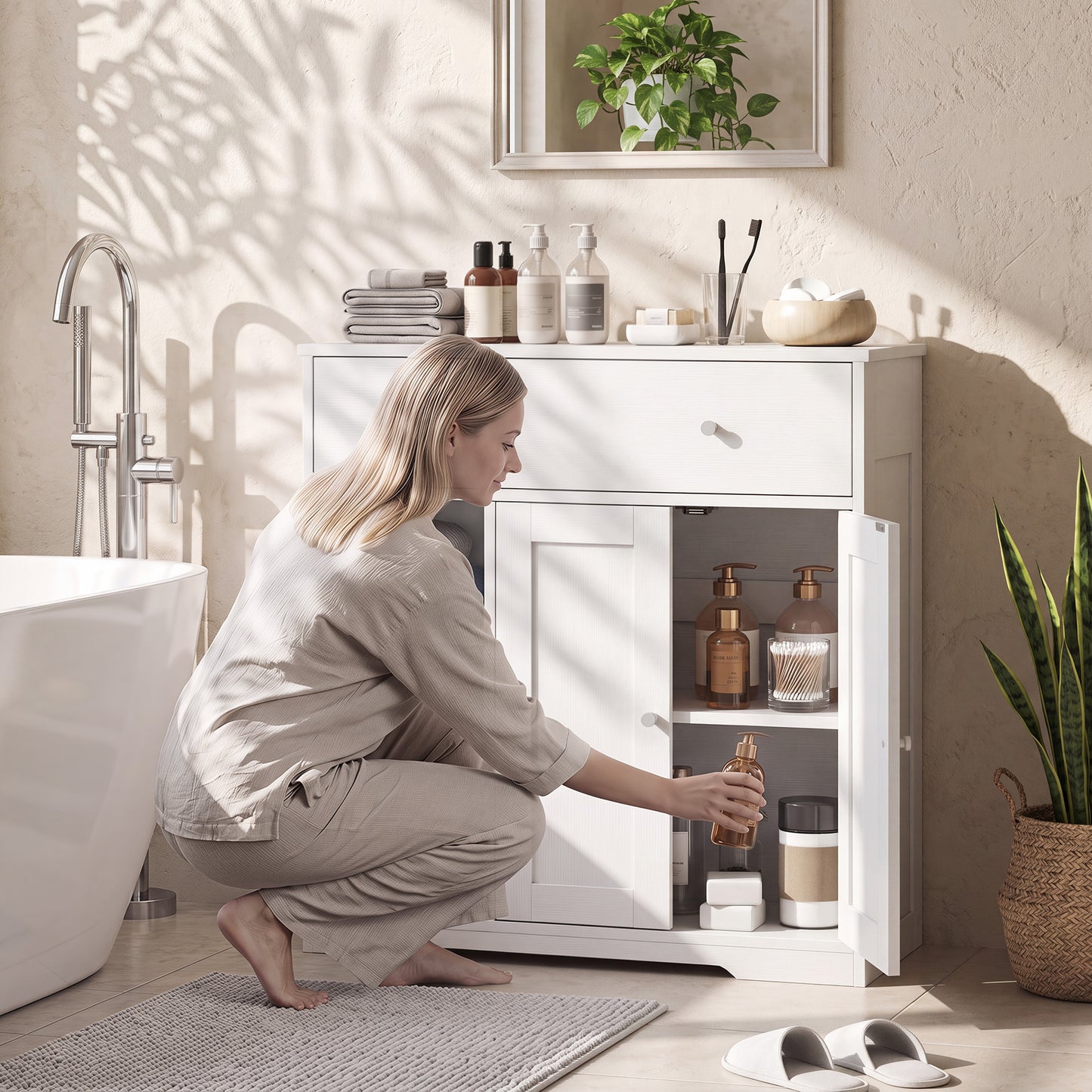 Bathroom Floor Cabinet, Bathroom Cabinet with Drawer and Door, White