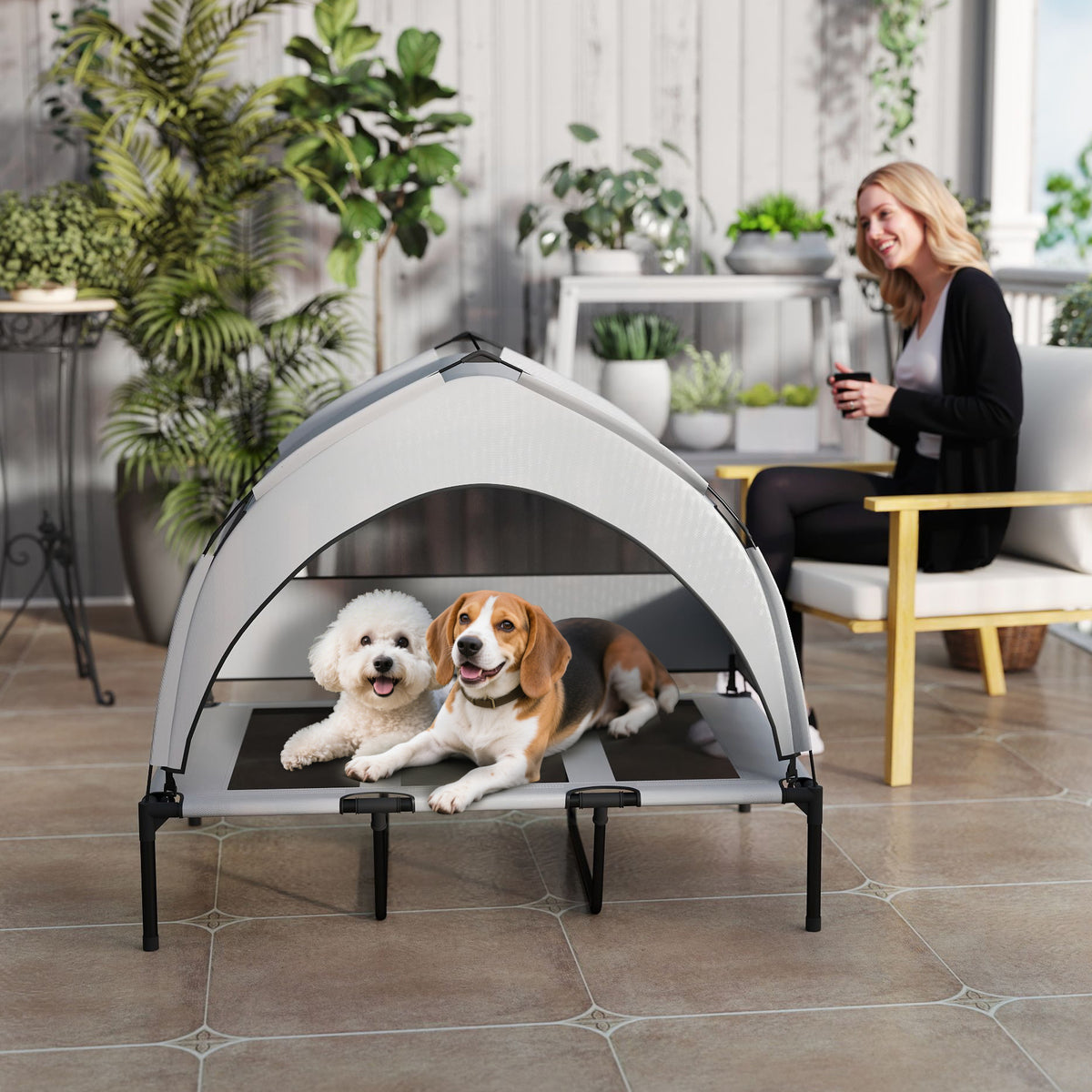 Portable Elevated Dog Bed with Removable Canopy, 106 x 76 x 94 cm