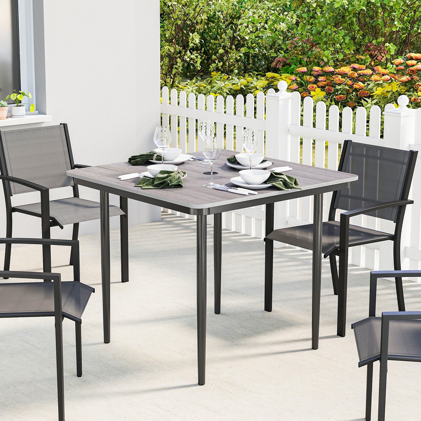 Garden Dining Table, Outdoor Table with Umbrella Hole, Light Grey