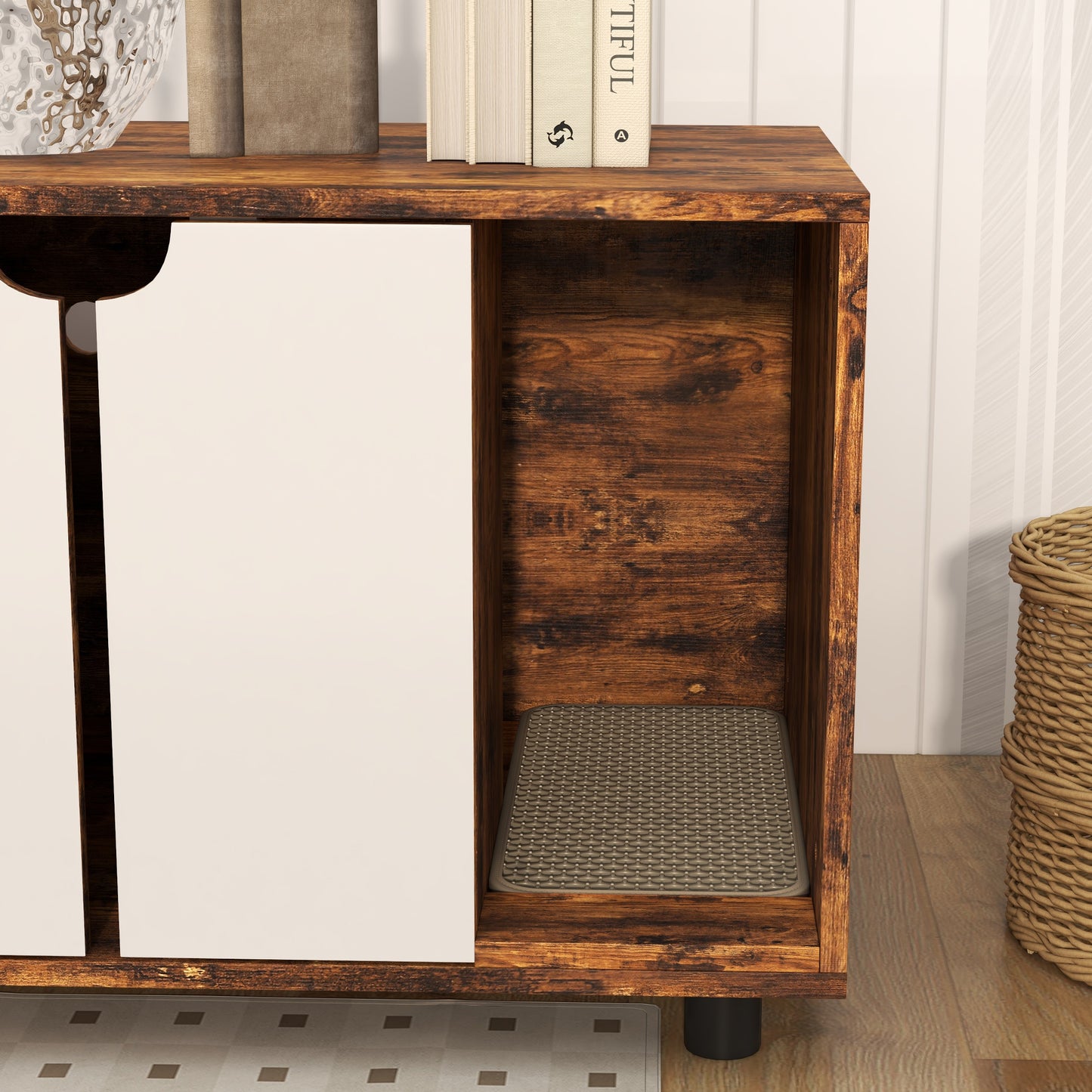 Hidden Cat Litter Box Furniture w/ Sand Drain Pad - Rustic Brown