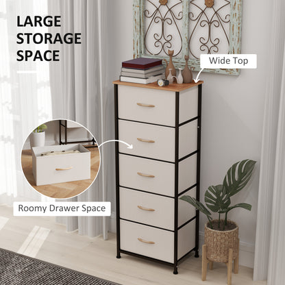 5 Drawer Fabric Chest of Drawers w/ Wooden Top for Hallway Cream