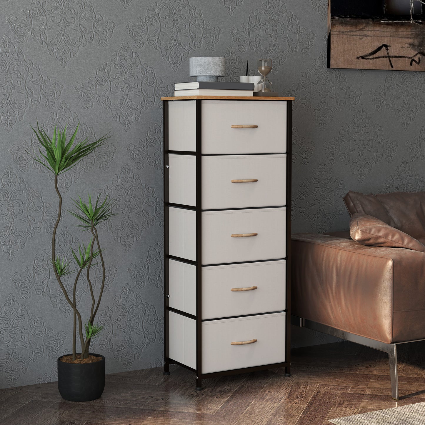 5 Drawer Fabric Chest of Drawers w/ Wooden Top for Hallway Cream