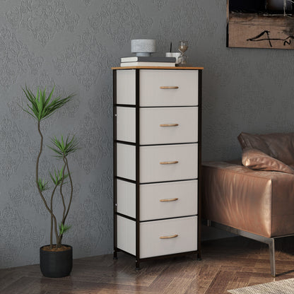 5 Drawer Fabric Chest of Drawers w/ Wooden Top for Hallway Cream