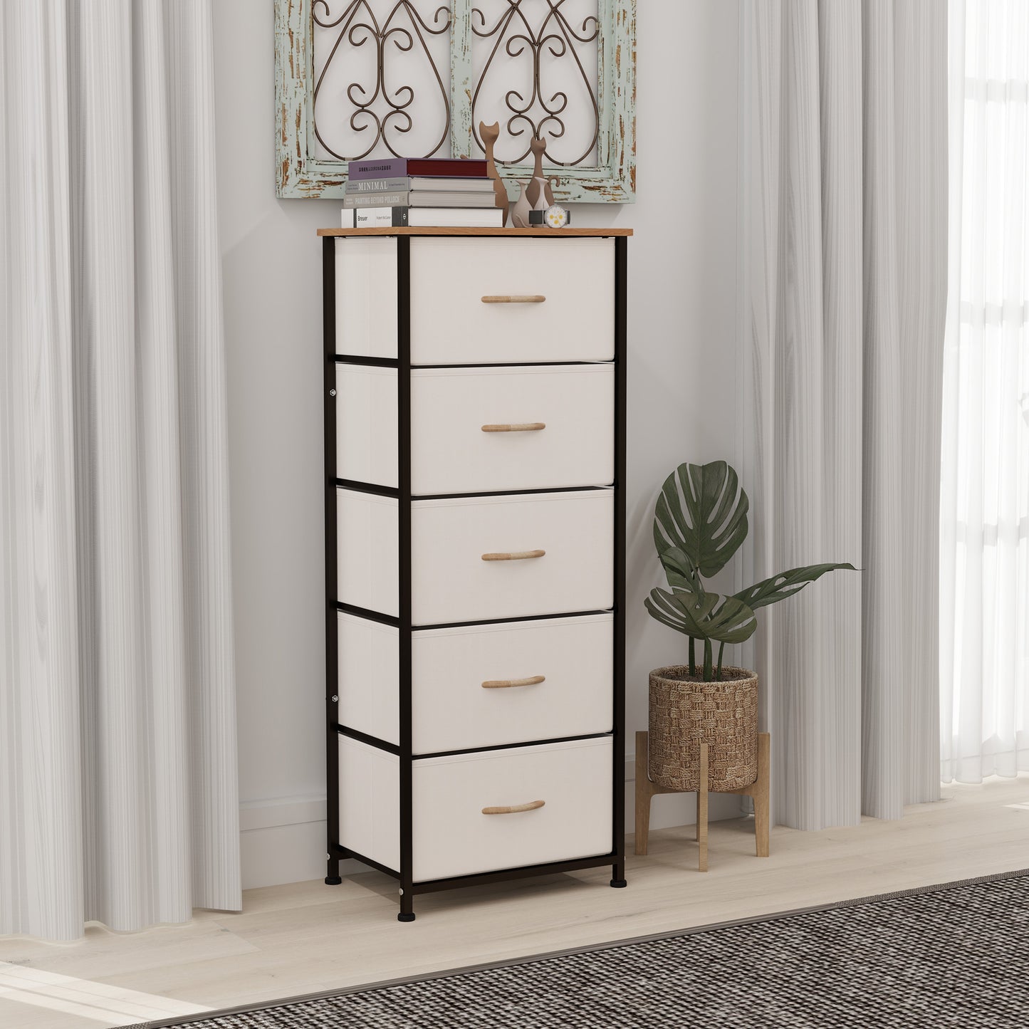5 Drawer Fabric Chest of Drawers w/ Wooden Top for Hallway Cream