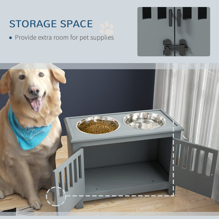 Raised Dog Bowls for Large Dogs, Pet Feeding Station, Doors with Latch, Storage Cabinet, Two Stainless Steel Bowls, Grey