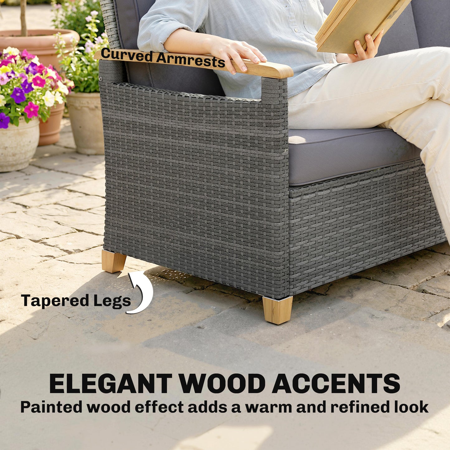 3 Seater Rattan Garden Sofa with Cushioned Wide Seats, Dark Grey