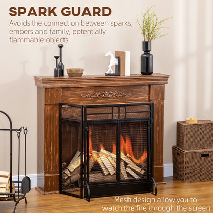 3-Panel Folding Freestanding Fireplace Screen with Door Metal Mesh, Black
