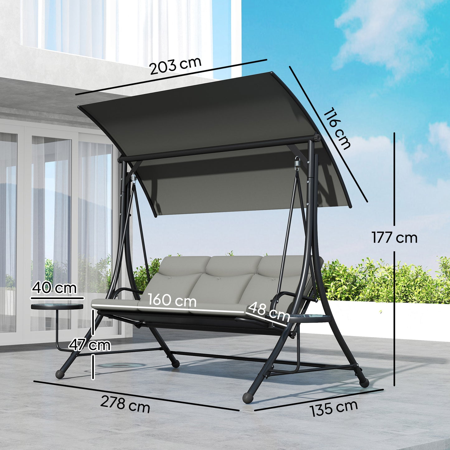 3 Seat Garden Swing Chair Steel w/ Adjustable Canopy and Coffee Tables