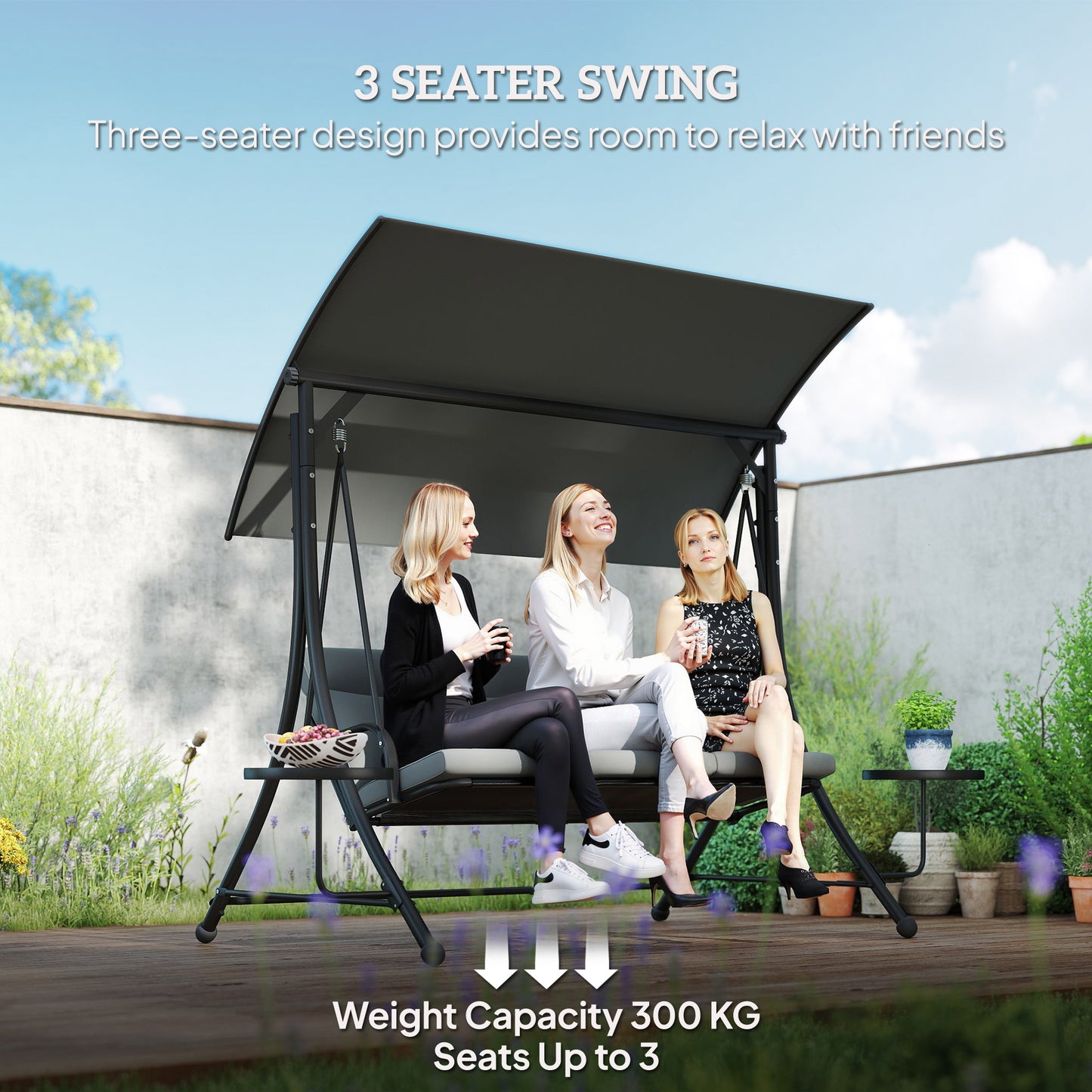 3 Seat Garden Swing Chair Steel w/ Adjustable Canopy and Coffee Tables