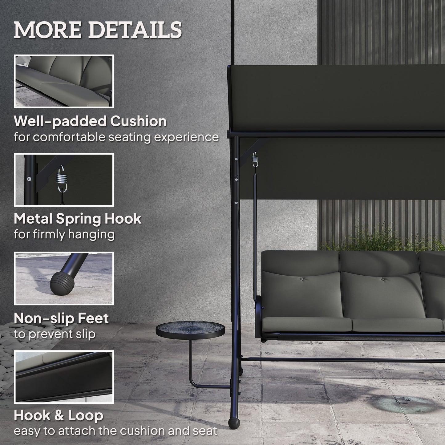 3 Seat Garden Swing Chair Steel w/ Adjustable Canopy and Coffee Tables