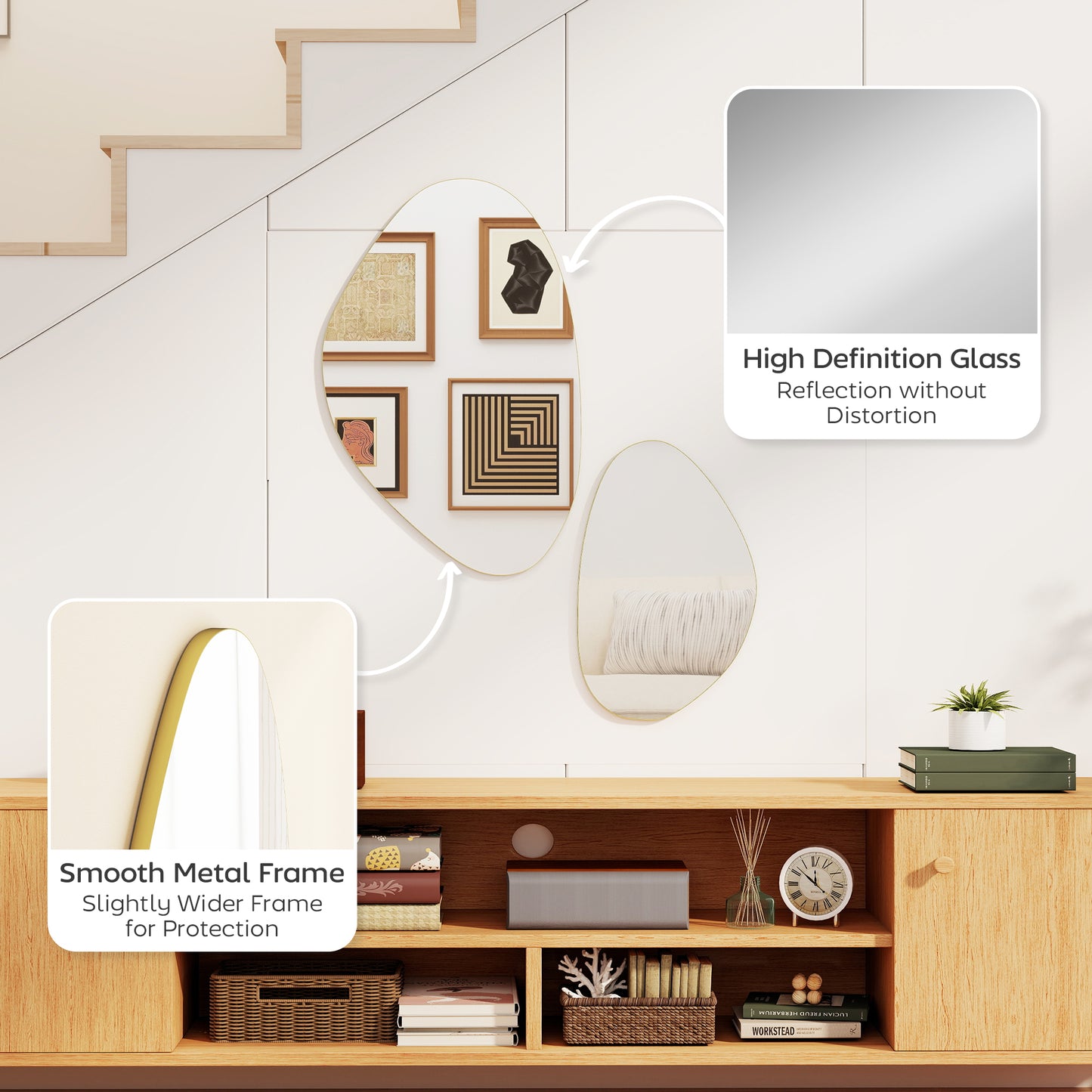 Pebble-Shaped Decorative Mirror, Set of 2 Wall Mirror, Gold Tone