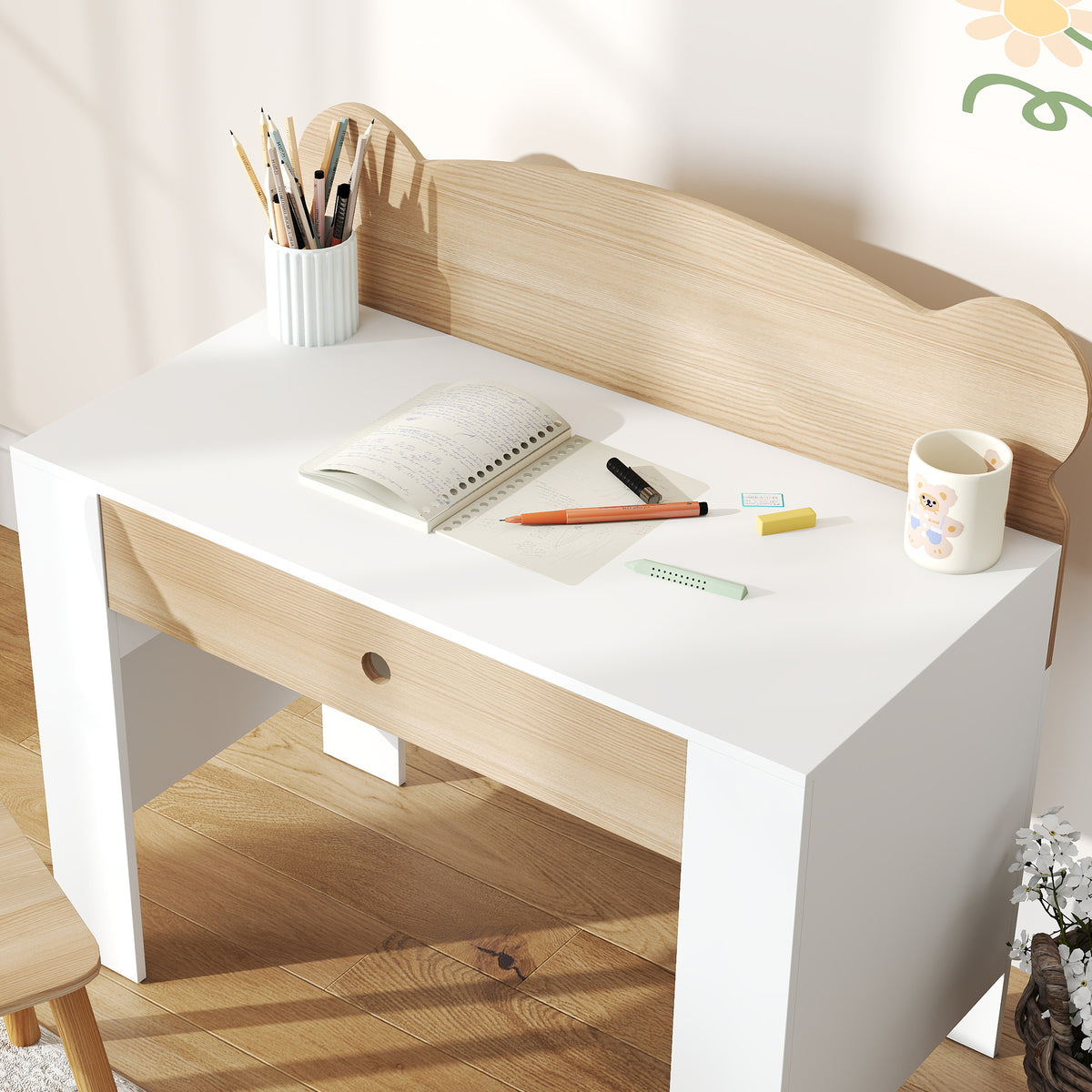 Kids' Desk and Chair Set with Storage Drawer and Bear Backrest - Natural & White