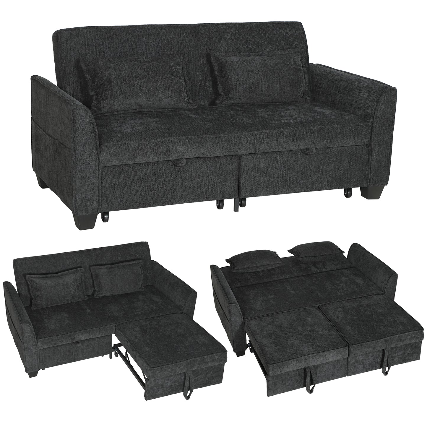 2 Seater Sofa Bed, 4-in-1 Convertible Pull Out Sleeper Sofa, Black