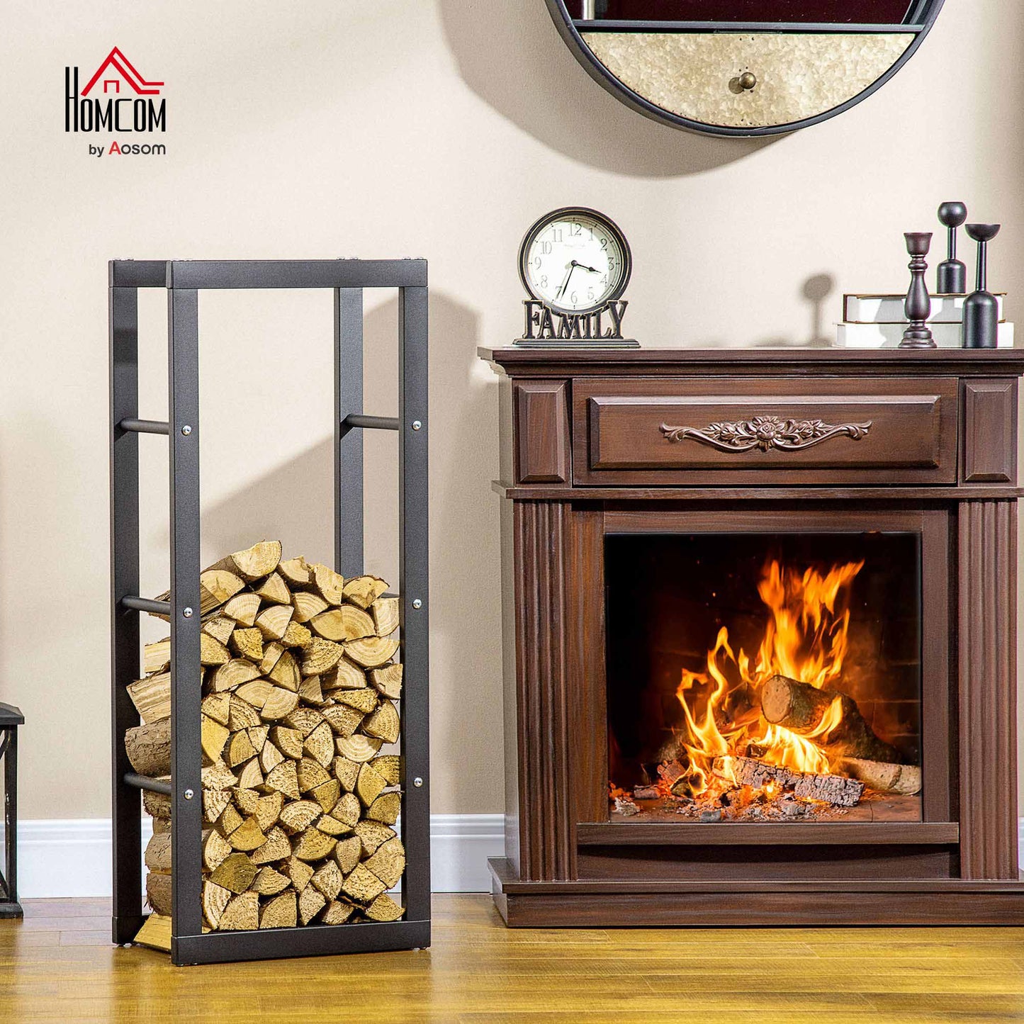 Metal Firewood Log Holder Tall Firewood Rack Indoor Outdoor Fireplace Wood Storage Shelf with Side Rails, Rust-Resistant, Black, 40W x 25D x 100H cm