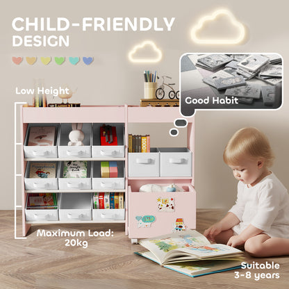 Kids Toy Storage Unit with 11 Fabric Bins, 3 Stickers, Pink
