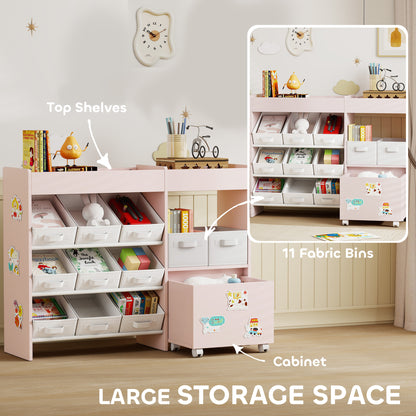 Kids Toy Storage Unit with 11 Fabric Bins, 3 Stickers, Pink
