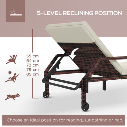 Outdoor Sun Lounger, Rattan Wicker Chaise Lounger with 5-Level Adjustable Backrest and 2 Wheels