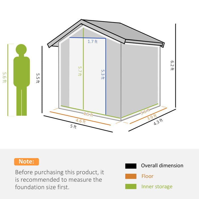 5ft x 4ft Garden Metal Storage Shed, Tool Storage Shed with Sliding Door, Sloped Roof and Floor Foundation for Garden, Backyard, Patio, Grey