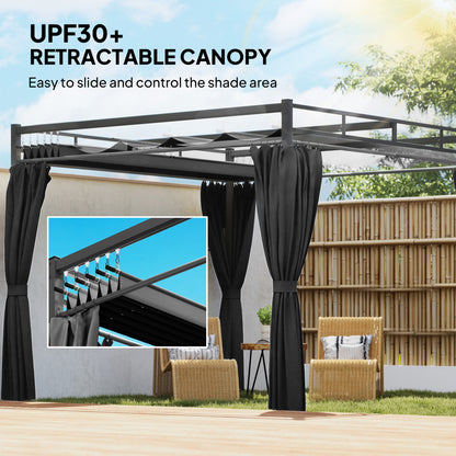 3 x 3 m Garden Pergola with Retractable Canopy, Curtains, Dark Grey