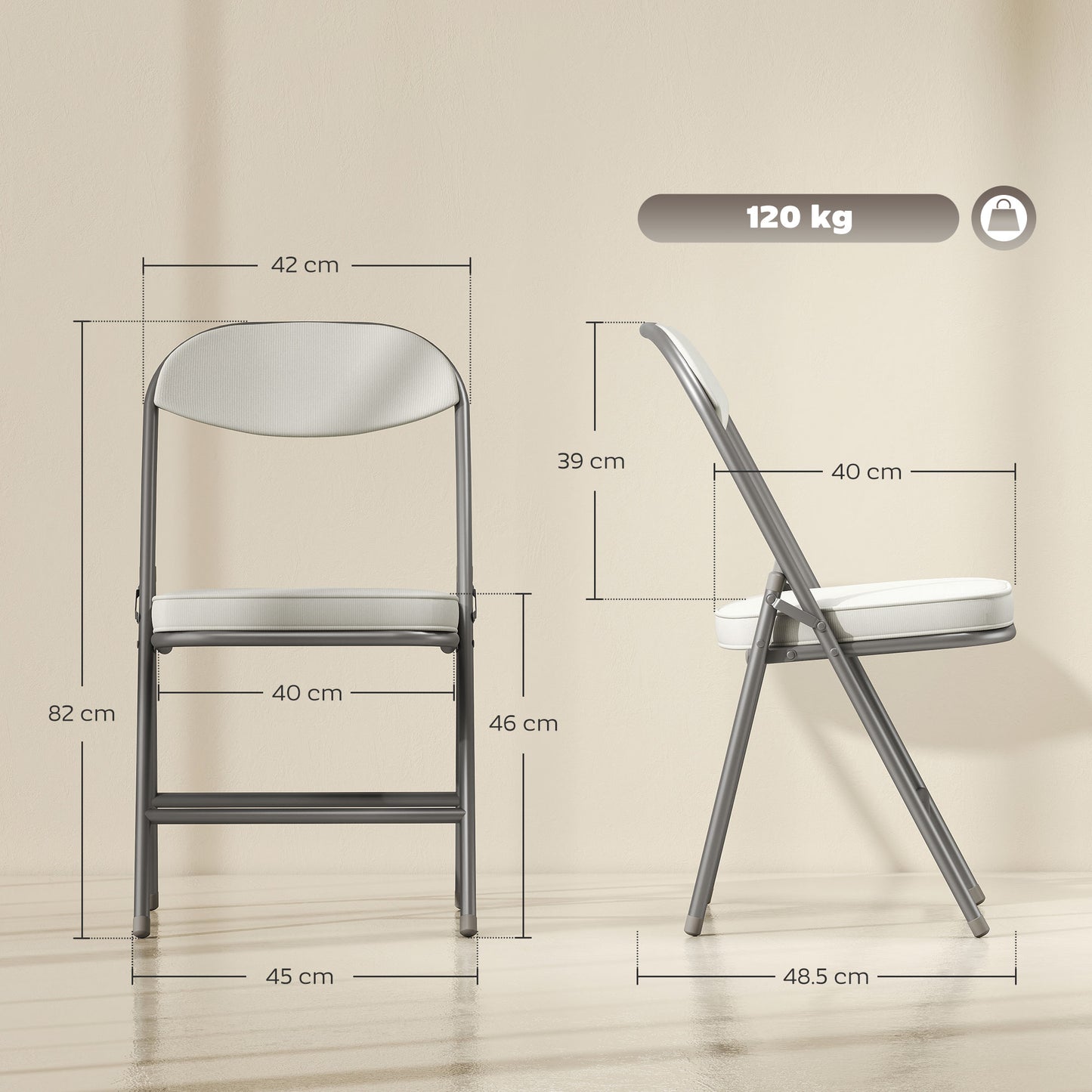 Folding Chairs Set of 4 with Cushioned Seat, Steel Frame, Off-White