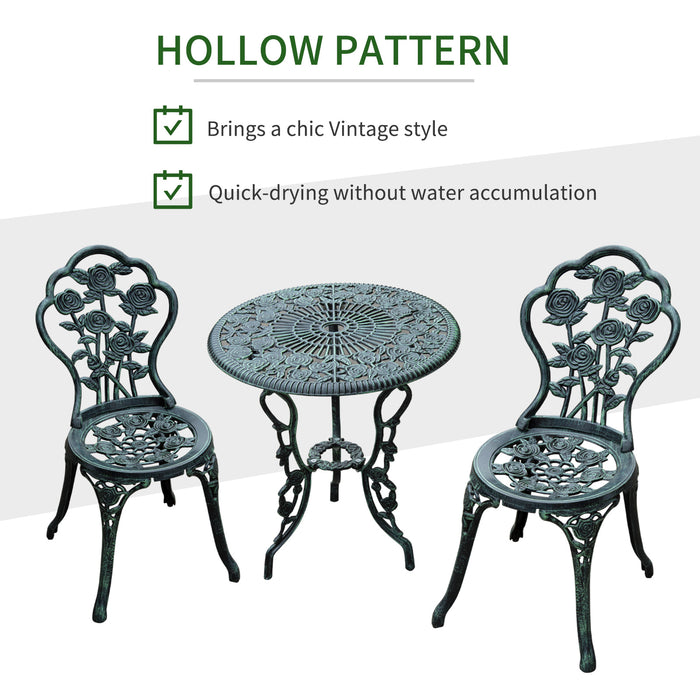 Cast Aluminium Outdoor Patio Garden Bistro Elegant Design Table Chair Set - Green (3-Piece)