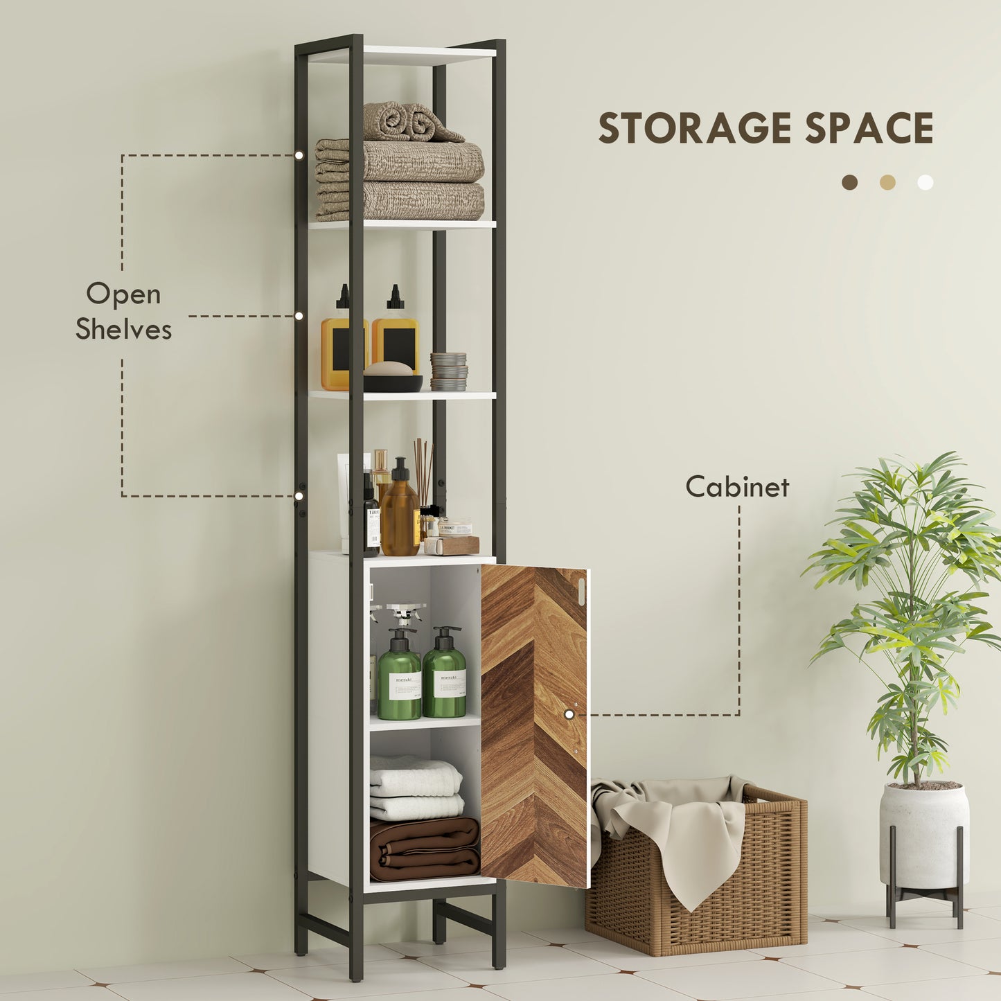 Tall Bathroom Storage Cabinet with 3 Shelves, 30 x 30 x 170 cm, White