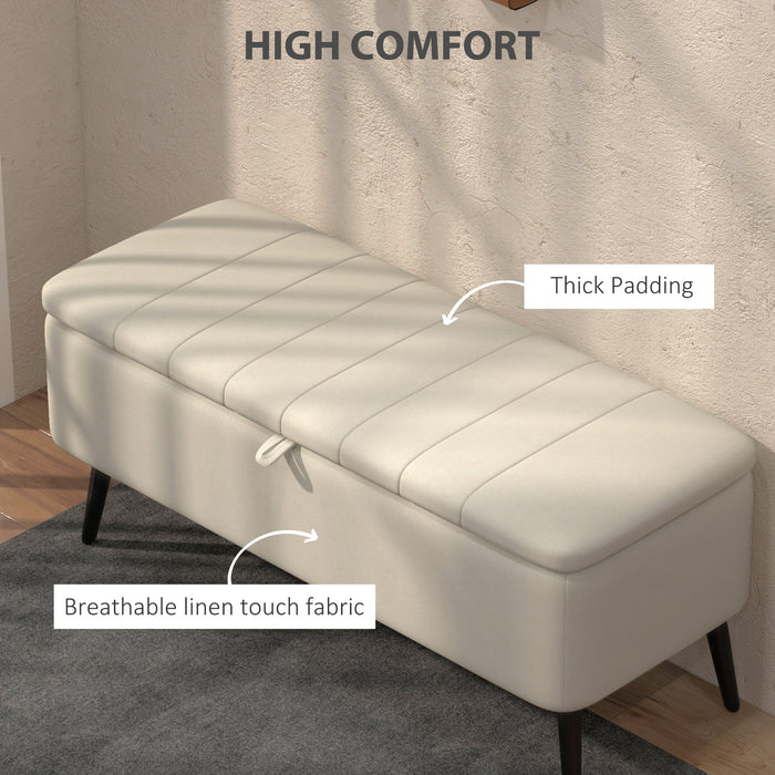 Storage Ottoman Bench, Linen Fabric Footstool with Steel Legs Cream White