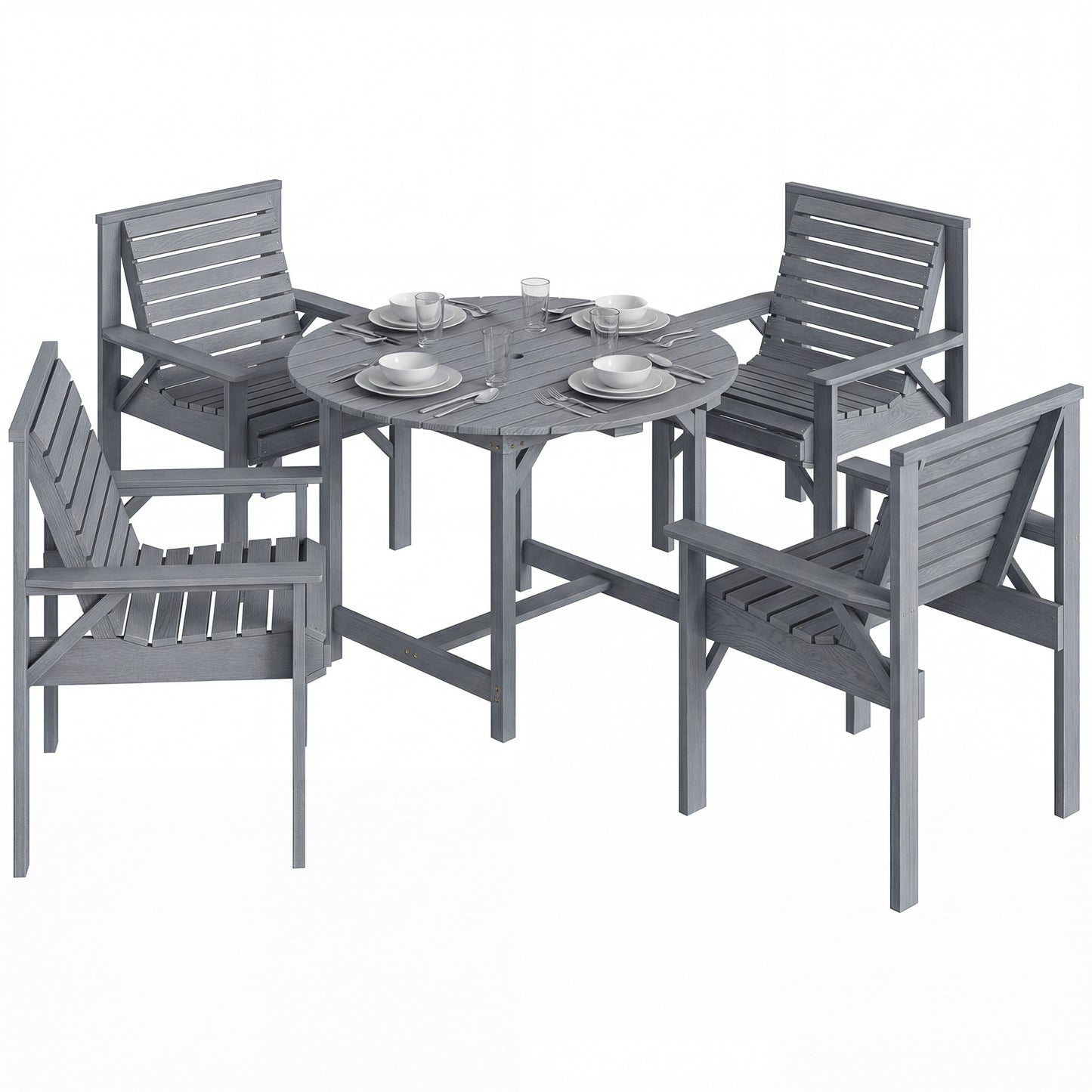 Garden Dining Set, Round Table and Chairs w/ Parasol Hole, Grey